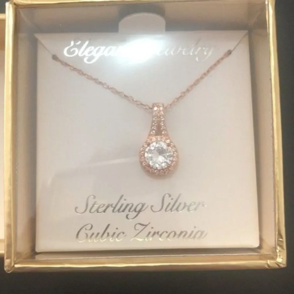 Sterling silver and cubic zirconia pendant necklace rose gold plated NEW